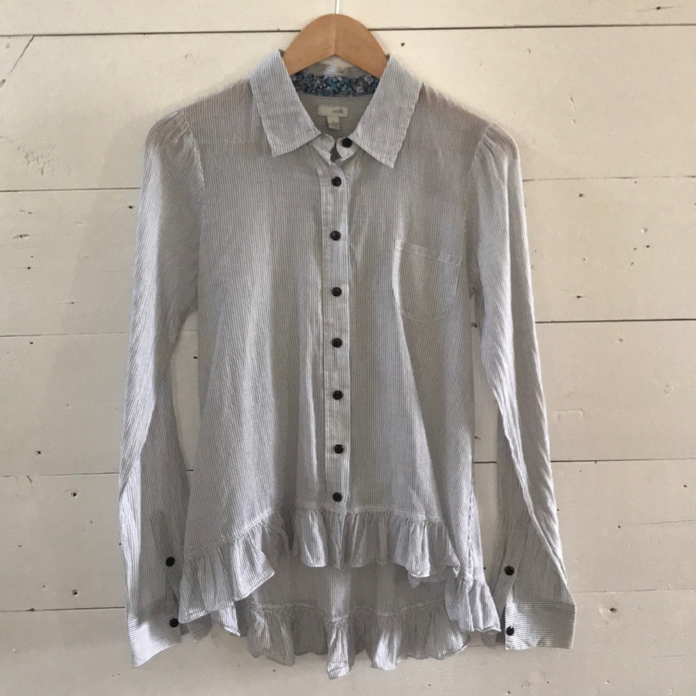 Anthropologie Light Blue & White Pinstripe Ruffle Hem Button-Down Shirt